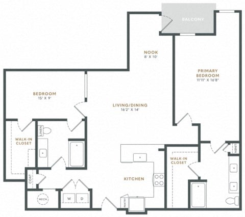 Floor plan for 2 beds, 2 baths, 1413 sqft